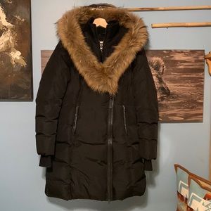 Mackage puffer coat w leather, fur edged hood. 3/4 length good condition sz L